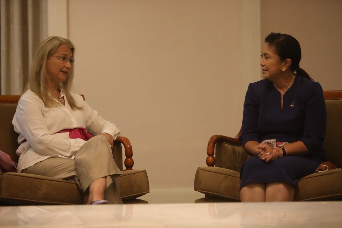 rapplerdotcom's tweet photo. LOOK: VP Leni Robredo welcomes Swedish Ambassador  to the PH Annika Thunborg in her office in QC, where they discussed Sweden's support to various OVP projs, like temporary shelters for frontliners, vaccines, household items for the Angat Buhay Village in Marawi. | @maracepeda https://t.co/cL7jSHTLAs