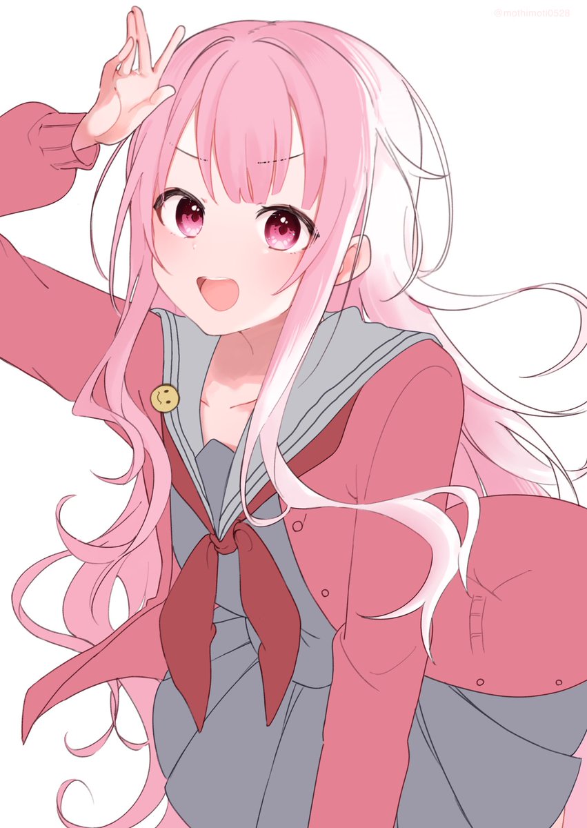 1girl pink hair school uniform long hair cardigan pink eyes solo  illustration images