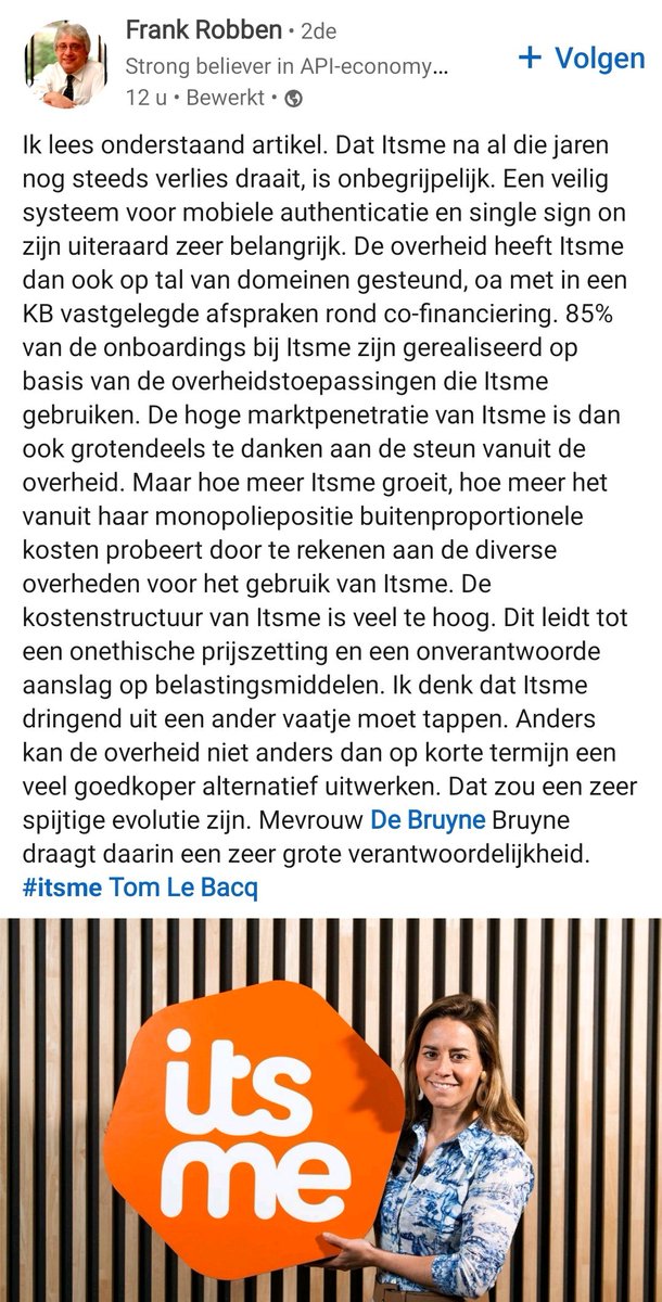 Ljosmyndun's tweet image. Frank Robben die een ander een monopolie, machtsmisbruik en onethische praktijken verwijt en en passant dreigt dat de overheid maar zelf een alternatief voor itsme zal moeten maken als ze niet luisteren (driemaal raden wie dat project zal mogen leiden 🙃). Isn't it ironic?