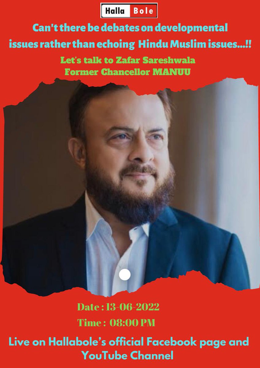 Hallabole1's tweet photo. Can't there be debates on Developmental issues rather than echoing #Hindu #Muslim issues 

Let's talk to Zafar Sareshwala 
(Former Chancellor MANUU) @zafarsareshwala @ZamarrudUrdu https://t.co/wV1FIf5Gju