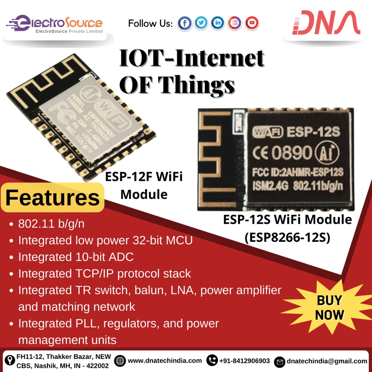 dnatechindia's tweet image. IOT-Internet OF Things
ESP-12F WiFi Module
ESP-12S WiFi Module (ESP8266-12S)
#iot #internetofthings #wifimodule #esp12f #esp12s #electronicengineering #engineerproblems #electronicsprojects #mechanicalart #electronicslovers #nashikkar #nashikcity #nashikdiaries #nashik_exploring