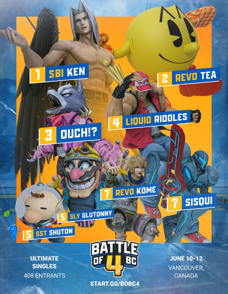 Top 8 graphic for Ultimate (408 entrants): 1. SBI KEN / 2. Revo Tea / 3. Ouch!? / 4. Liquid Riddle / 5. SST Shuton and Solary Glutonny / 7. Revo Kome and Sisqui