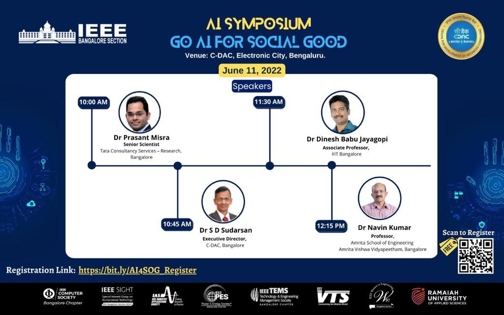 cdacindia's tweet photo. C-DAC &amp; IEEE Bangalore Section organised “GO AI for Social Good”, AI Symposium &amp; Hackathon on June 11-12, 2022. It included talks by eminent speakers from Industry and Academia whereas Hackathon saw participation from students for building AI models for Social Good. https://t.co/vZd9O6h051