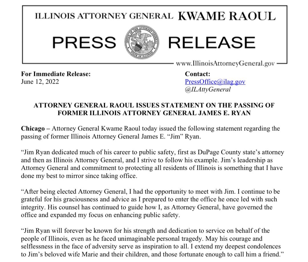 ILAttyGeneral's tweet photo. My statement on the passing of former Illinois Attorney General Jim Ryan: https://t.co/4jImXHLlo4
