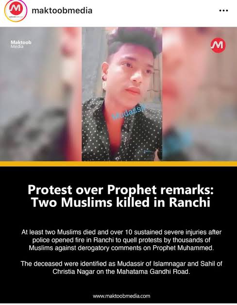 SarwarBasil's tweet photo. 15 year old Muddassir and 20 year old Sahil shot death by police in Ranchi, Jharkhand for Protesting against the Government backed extreamist's shameless remark on Prophet Mohammad ( P B U H)
We are tortured and harrased openly on national TV and if we speak we are killed https://t.co/vRxmvo2S9Q