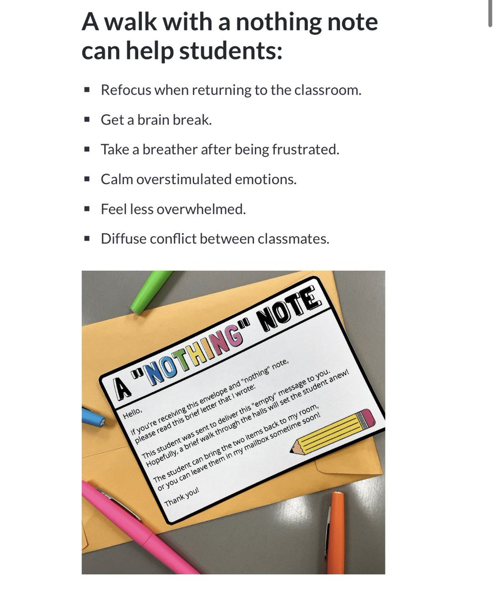 Love this via <a href="/WeAreTeachers/">We Are Teachers</a> - a #NothingNote as a means for behavior management. An #AntisepticBouncing strategy to give students a moment to leave the room to help regulate their emotions &amp; refocus when returning to the classroom #ClassroomManagement
