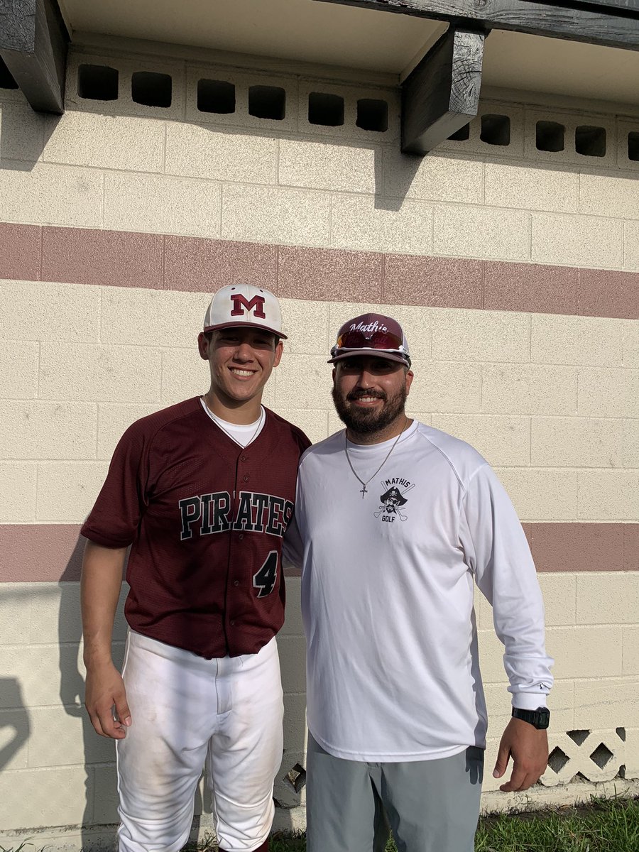 CoachEMartinez's tweet photo. One last time in a Mathis Pirate jersey before Julz heads off to the Blue and Gold! #MPBaseball #BackThePack @MathisAthletics https://t.co/JQxWINDQI5