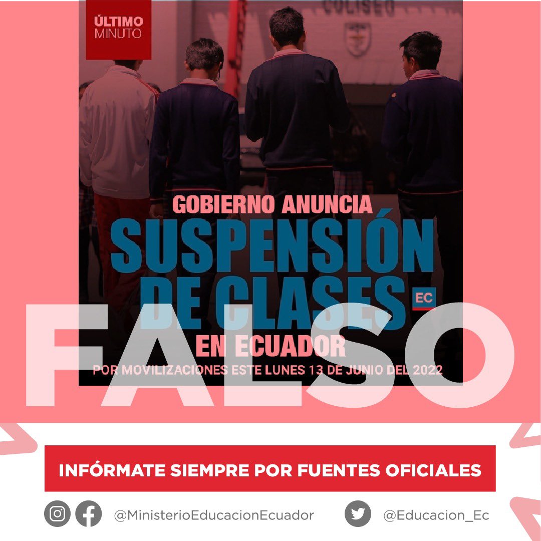 ATENCIÓN | Exhortamos a la comunidad educativa a informarse a través de fuentes oficiales:

✅ Twitter: <a href="/Educacion_Ec/">Ministerio de Educación, Deporte y Cultura</a>
✅ Facebook-Instagram: @MinisterioEducacionEcuador
✅ Página web: educacion.gob.ec

#EncontrémonosPorLaEducación