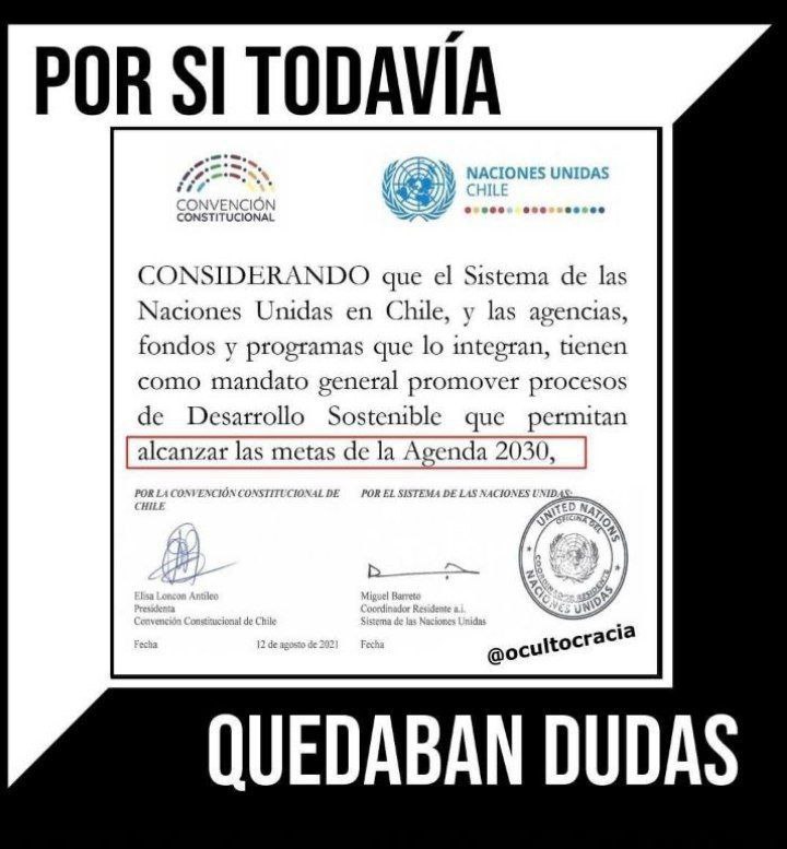 La nueva Constitución es parte de la agenda 2030 , los Constituyentes no hicieron nada , la ONU le entrego en bandeja el borrador . 
DE dónde sacaron esas ideas plurinacionalidad , etc . Somos un  experimentos si aceptamos o no , si lo aprobamos seguiran con LATAM #RechazoCrece