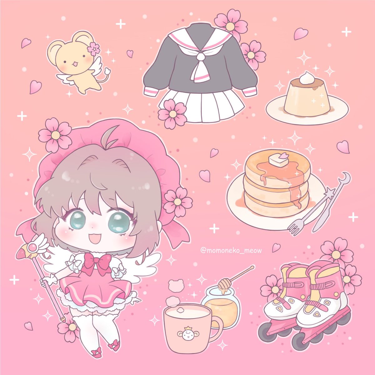 ケロちゃん ,木之本桜 「おなじみの食べ物とアイテム🌸🥞🍮🍯
 #カードキャプターさくら  #CC」|Momoneko 桃猫のイラスト