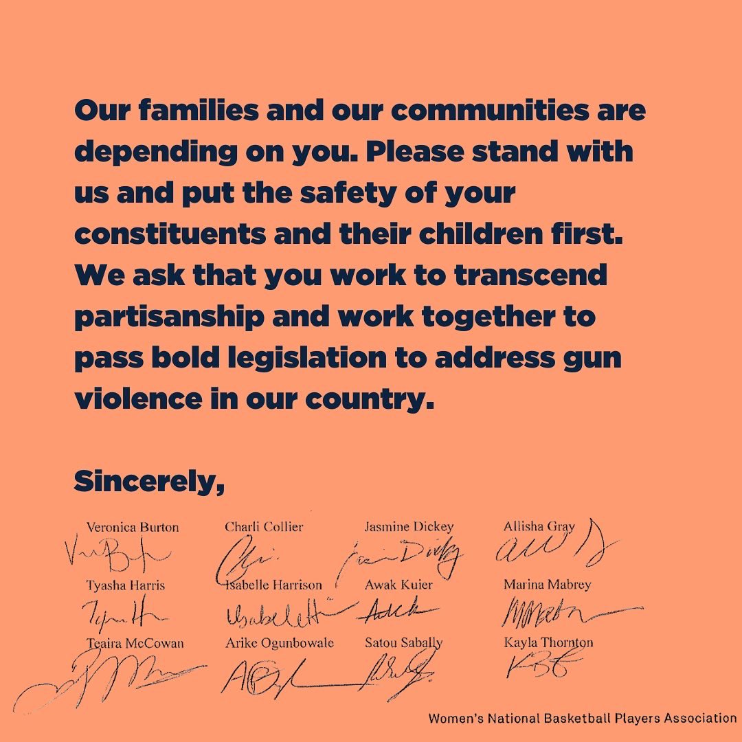 TheWNBPA's tweet photo. 🧵 We are proud to share the open letter from our members on the @DallasWings to Senator @JohnCornyn &amp; his colleagues last week.

Our members know the importance of using their platform &amp; the power of their collective voices. #WearOrange #GunSafetyLegislationNOW #TeamWWearsOrange https://t.co/uewK6JUXCH