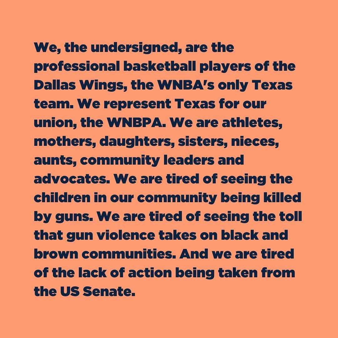 TheWNBPA's tweet photo. 🧵 We are proud to share the open letter from our members on the @DallasWings to Senator @JohnCornyn &amp; his colleagues last week.

Our members know the importance of using their platform &amp; the power of their collective voices. #WearOrange #GunSafetyLegislationNOW #TeamWWearsOrange https://t.co/uewK6JUXCH