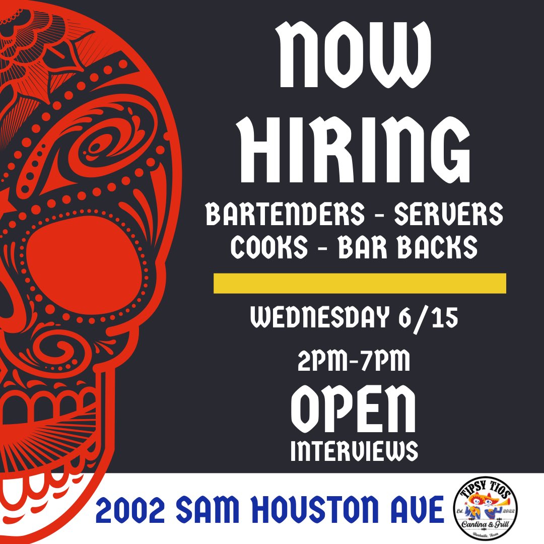 TipsyTios's tweet photo. We are just getting started! We are hosting another round of open interviews this Wednesday from 2pm-7pm. Don’t miss out on your chance to help open the newest spot in town 😀
•
•
•
#tipsytios #cantina #huntsville #texas #samhoustonstate #shsu #tipsy #gettipsy #tipsybartender https://t.co/Y3FWrtw05j