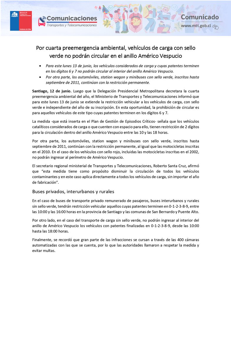 MTTChile's tweet photo. ⚠️ ¡Información importante! Para este lunes 13 de junio, se decretó la cuarta Preemergencia Ambiental en la RM. Revisa más detalles acá ⬇ https://t.co/D2TQk0tYWO