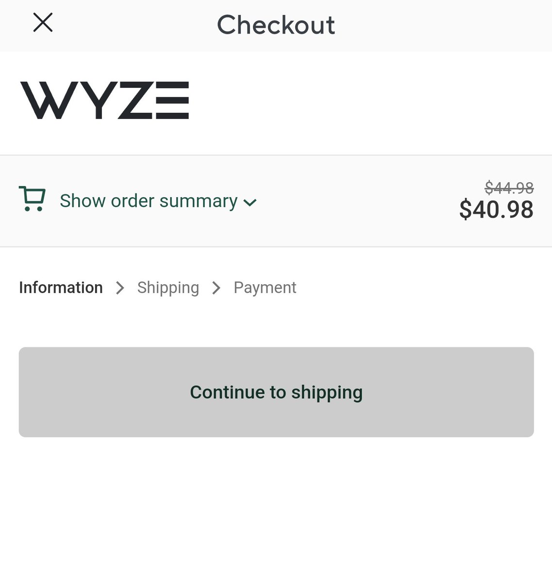 Timchose's tweet photo. @WyzeCam Hey @WyzeCam, I would order this, but the Android app won't let me advance the cart to shipping. The button is disabled. https://t.co/G52r9svfry