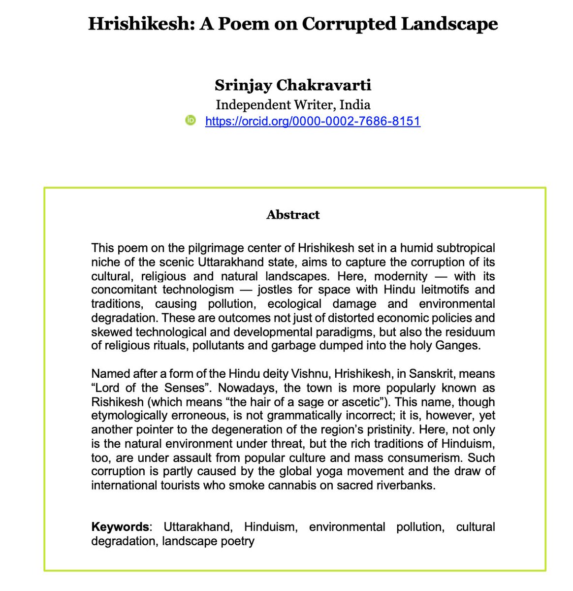 eTropicJournal's tweet photo. #Awardwinning author Srinjay Chakravarti's #poem set in the #humid #subtropical #pilgrimage site of #Hrishikesh (#Rishikesh) explores #spiritual #environmental #pollution #landscapes in the foothills of #Himalayas #India
Free #openaccess here: https://t.co/5aSnKTNO9F https://t.co/70RvFShry6