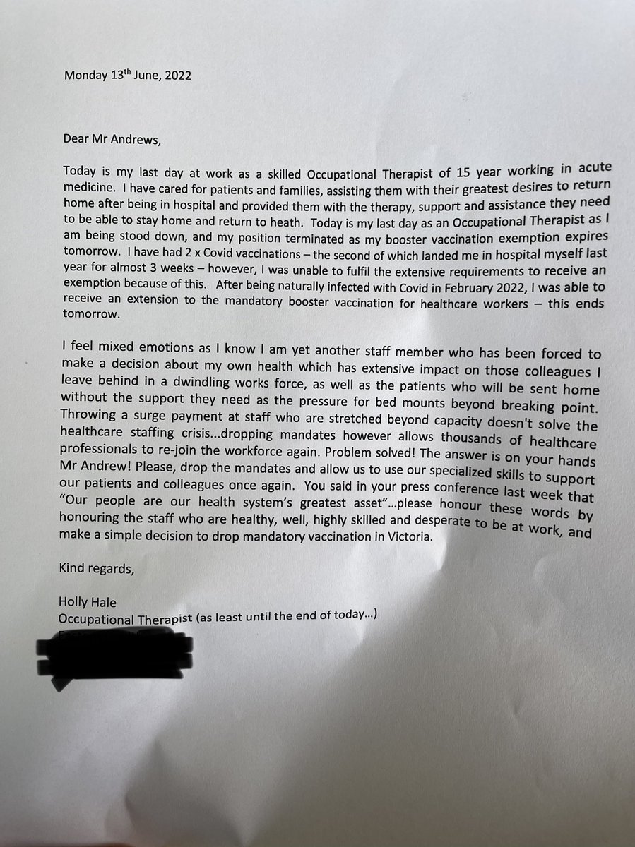 96mitchclarke's tweet image. Melbourne occupational therapist Holly will lose her job tomorrow after 15 years. She won’t get her third dose after ending up in hospital shortly after her second dose. 
It comes as Premier Daniel Andrews says he will raise the prospect of a fourth dose for healthcare workers.