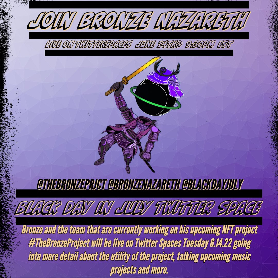 TheBronzePrjct's tweet photo. Tuesday Night. Come through and chop it up w/ @BronzeNazareth and some of the crew working on #TheBronzeProject as well as some other knowledgeable folks in the #NFT space. https://t.co/tnM8zPMtOL
