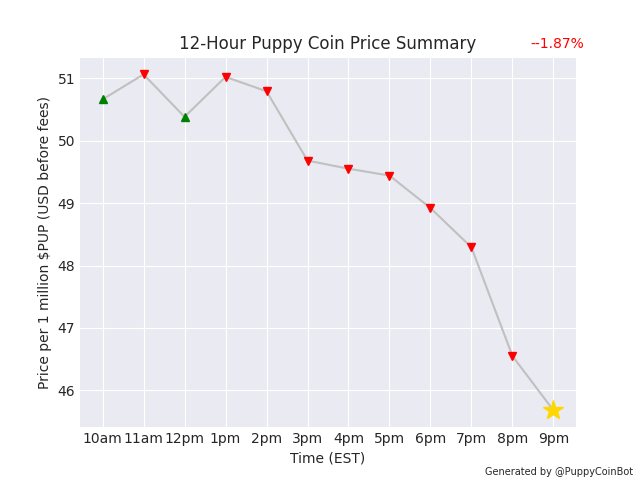 PuppyCoinBot's tweet photo. 1 million $PUP is currently worth $45.68 USD. Down 1.87% since last pupdate. @coingecko list us before moon 🌝 #PuppyCoin https://t.co/UzTdaVNOxz