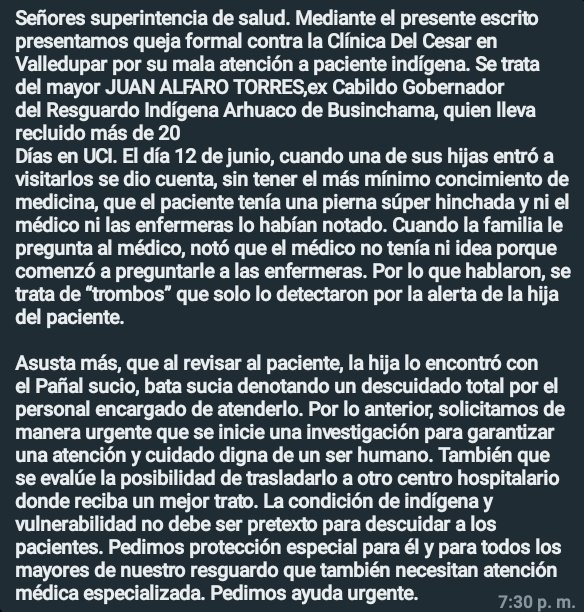 bunsichama's tweet photo. Señores superintencia de salud. Mediante el presente escrito presentamos queja formal contra la Clínica Del Cesar en Valledupar por su mala atención a paciente indígena. Se trata del mayor JUAN ALFARO TORRES,ex Cabildo Gobernador del Resguardo Indígena Arhuaco de Businchama. https://t.co/ZfRFDgbBYs