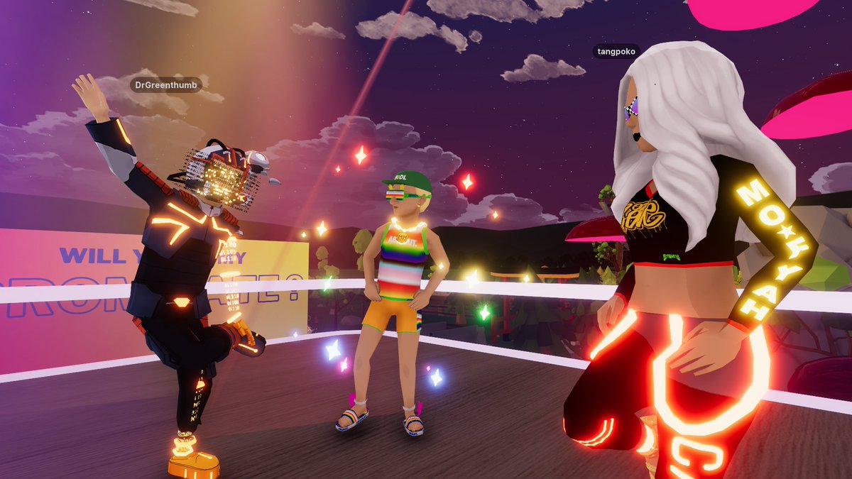044onX's tweet photo. Hanging at The Dollhouse on a quiet Sunday night!  Enjoying the company of some friends! @tangpoko @greenthumb1435 @RefractionDCL @Potradamus  #decentraland #DecentralandPRIDE https://t.co/YQ0yezGGjw