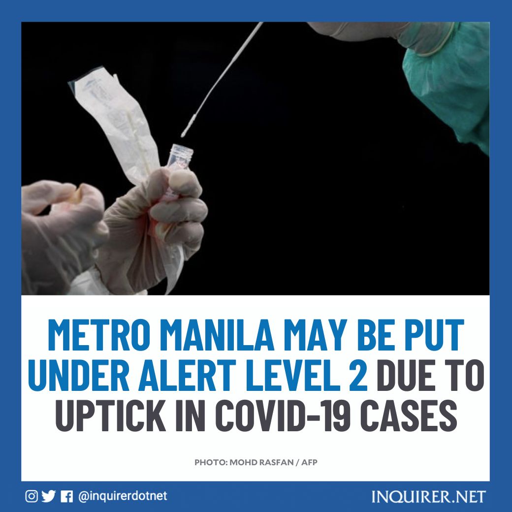 inquirerdotnet's tweet photo. The DOH raised the possibility of escalating the COVID alert system to Level 2 amid an uptick in COVID-19 cases in the NCR.

Currently, Metro Manila is under Alert Level 1 until June 15.

Read: https://t.co/f2pq5MSbsN https://t.co/BajklfOere