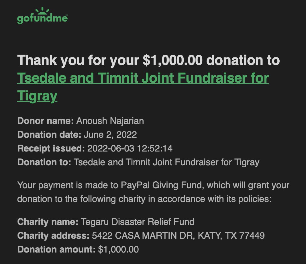 anoushnajarian's tweet photo. Dear friends, join me in supporting Tigray by donating to @TdrFund https://t.co/IEdy3I2pZs 💛❤️

Thank you Dr. @timnitGebru &amp; @TsedaleLemma for organizing so many of us. 👑👑

Grateful to @MathWorks for matching employee donations thru 6/17. 🙌🏽 https://t.co/usKoipqVIM