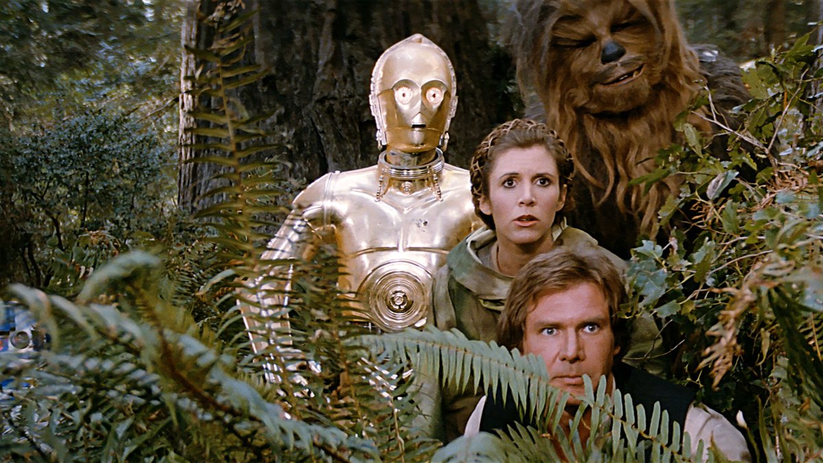 Harrison Ford, Anthony Daniels, Carrie Fisher, and Peter Mayhew in Star Wars: Episode VI - Return of the Jedi (1983) https://t.co/2xTv7jKJTD