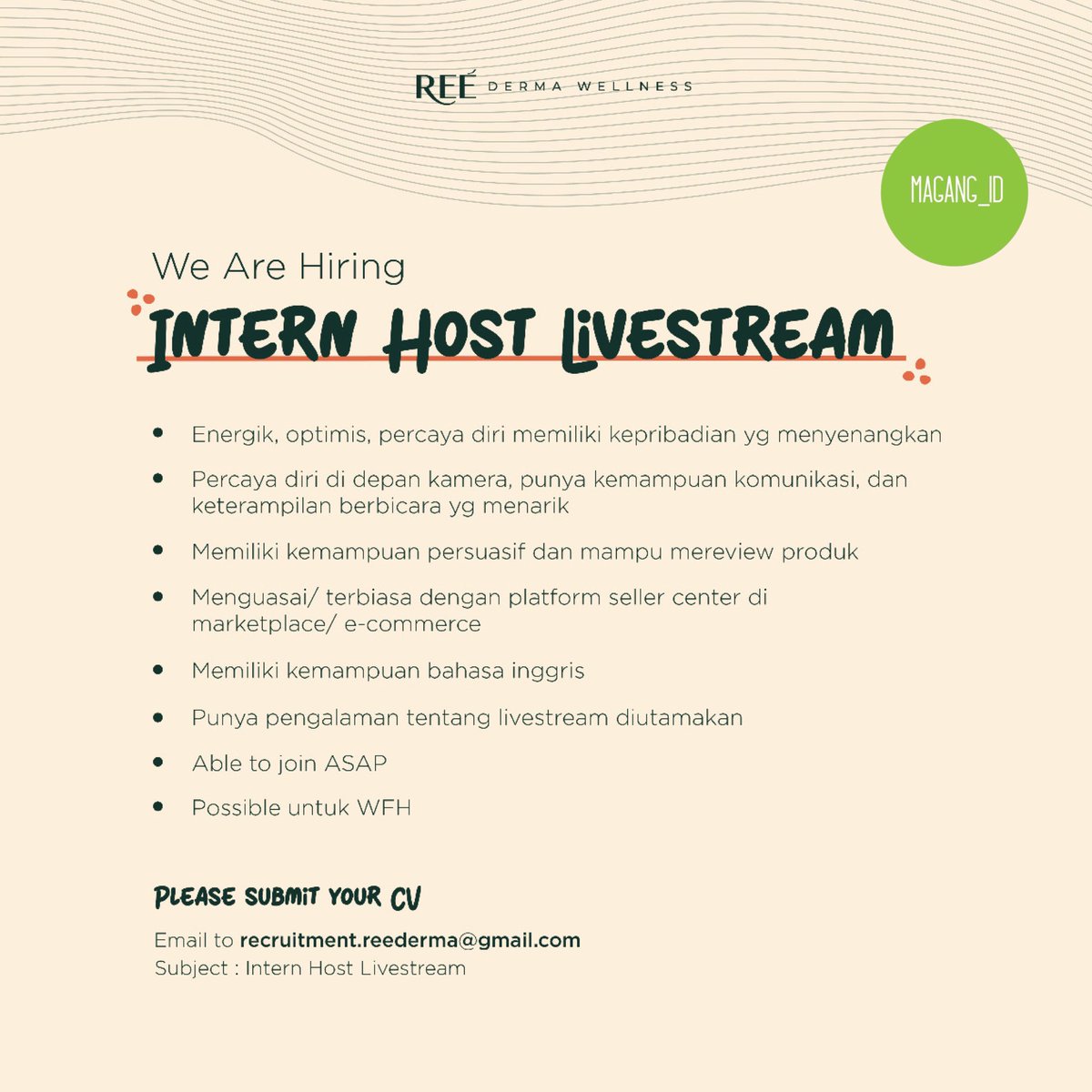 sobatmagang_id's tweet photo. Ree Derma is now hiring
✍️ Possible for Work From Home
#lowker #Lowongan #Loker #LowonganKerja #InfoLoker #InfoLowongan #MagangID #PejuangCV #MagangID_ReeDerma #ReeDerma #WorkFromHome #RemoteWork https://t.co/sfir0lRO0Y