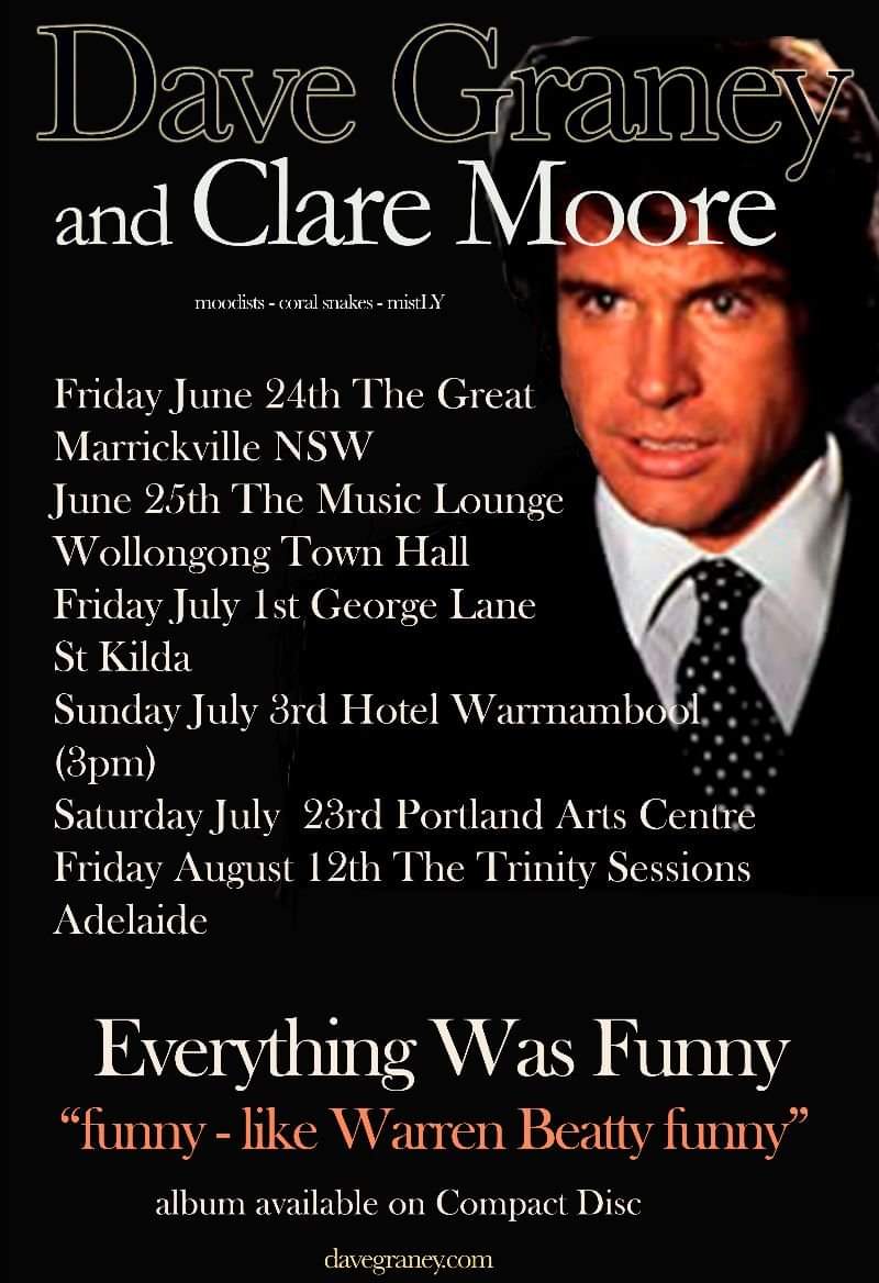 RobertQuantrell's tweet photo. @HotelWarrnambool's part of an impressive run of gigs by @davegraney &amp; @clarecmoore soon.$10 tix are 1/2 way to being SOLD OUT! https://t.co/GlIBbibtu8

#DaveGraney #ClareMoore #everythingwasfunny #hotelwarrnambool #LetsTalk #ArtsCentreMelbourne #MusicForVictoria @artscentremelb https://t.co/vmbl4XWM5z