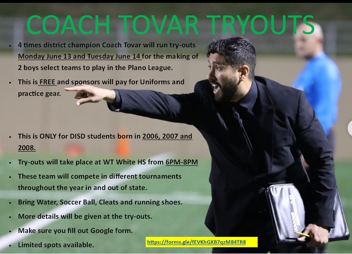 I can’t stay away from my roots, so I decided to keep working with my DISD Family. Please help me spread the word. Free Tryouts for the making of 2 boys teams! Only DISD Students! 😉⚽️ <a href="/WTWHSBoysSoccer/">W.T. White Boys Soccer</a> <a href="/soccerskyline/">Skyline Raiders Mens Soccer</a> <a href="/BACougar_Sports/">Bryan Adams HS</a> <a href="/MarshAthletics/">Thomas C Marsh Athletics</a> @hs_hillcrest