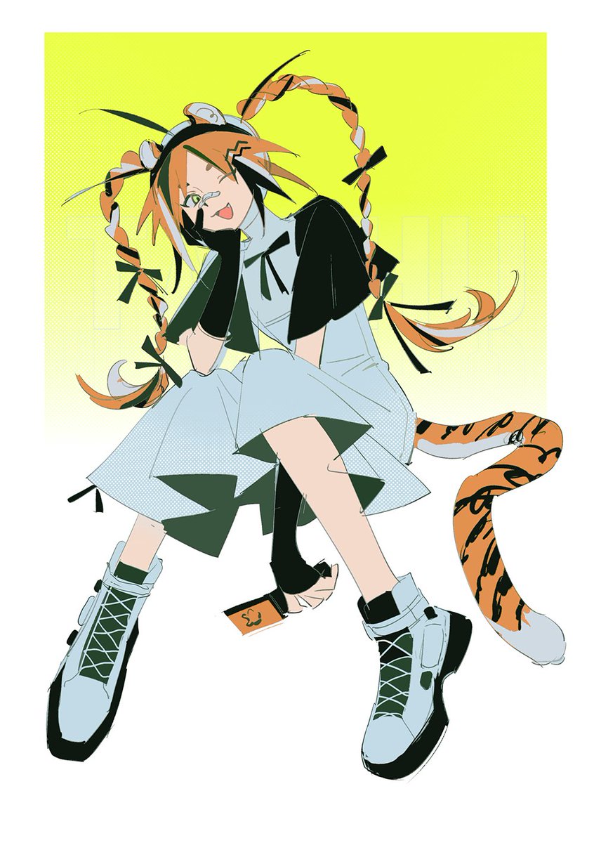 1girl solo tail orange hair animal ears dress twin braids  illustration images