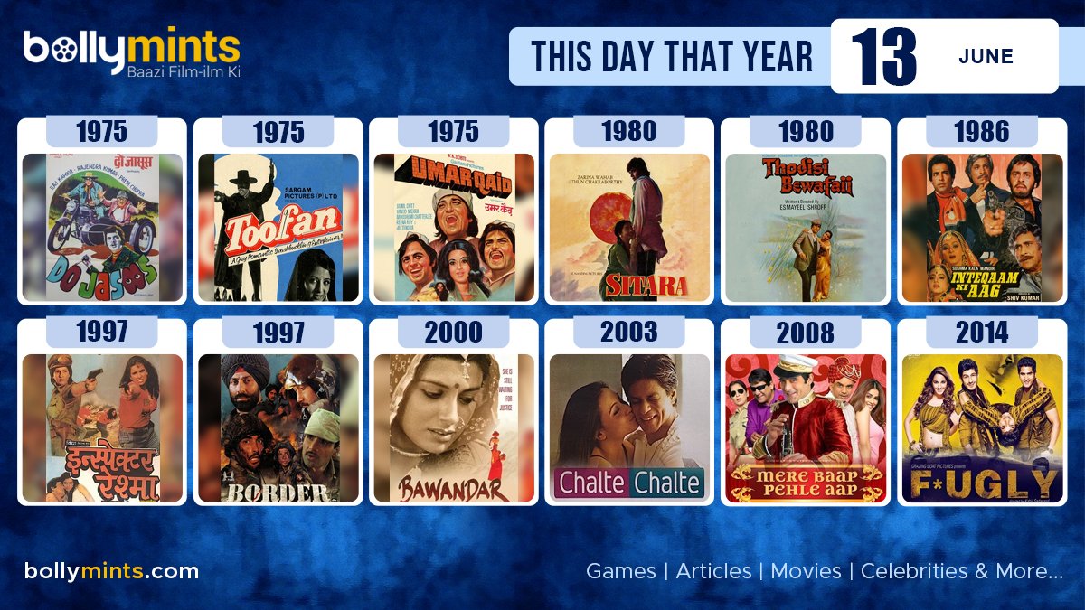 BollyMints's tweet photo. Here are the few #BollywoodMovies released on this day. Stay tuned at https://t.co/ohKmuyq9N0 for #updates
#ThisDayThatYear #13June #DoJasoos #Toofan #UmarQaid #Sitara #ThodisiBewafaii #InteqaamKiAag #InspectorReshma #Border #Bawandar #ChalteChalte #MereBaapPehleAap #Fugly https://t.co/wcjIDohtIV