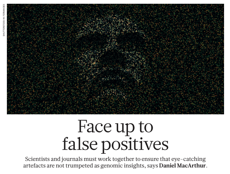 dgmacarthur's tweet photo. It's been nearly a decade since I wrote this op ed on the risks of false positives in genome-scale studies, prompted by a rash of high-profile failures (remember longevity GWAS and RNA editing!?).

How depressing that it's still relevant. https://t.co/HIBk3iD2D9 https://t.co/pmx2bm69HI