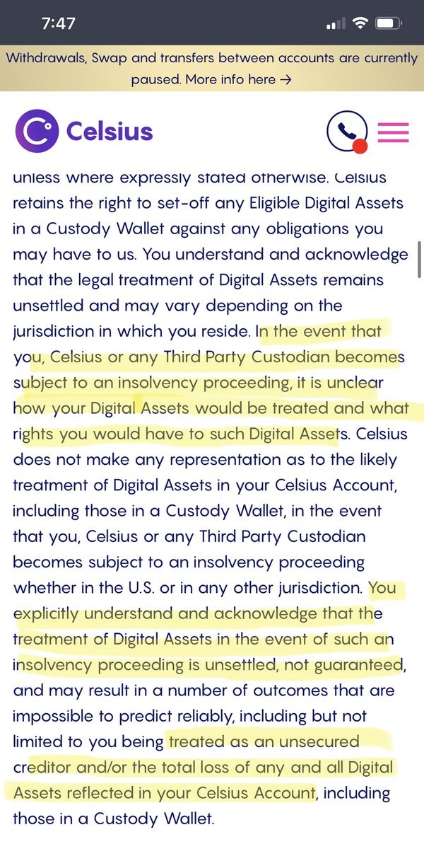 #CelsiusNetwork terms and conditions. Pausing might be the right move here, because if they go under they have ZERO obligation to return your funds.