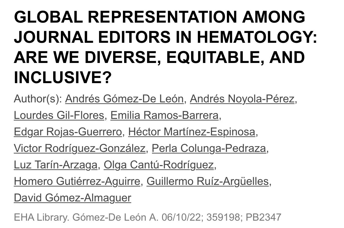 Do you know who runs our journals? Of 959 editors of 93 Hematology journals 74% are men and 87% work in high income countries. 

Our contribution to #EHA22 abstract  PB2347