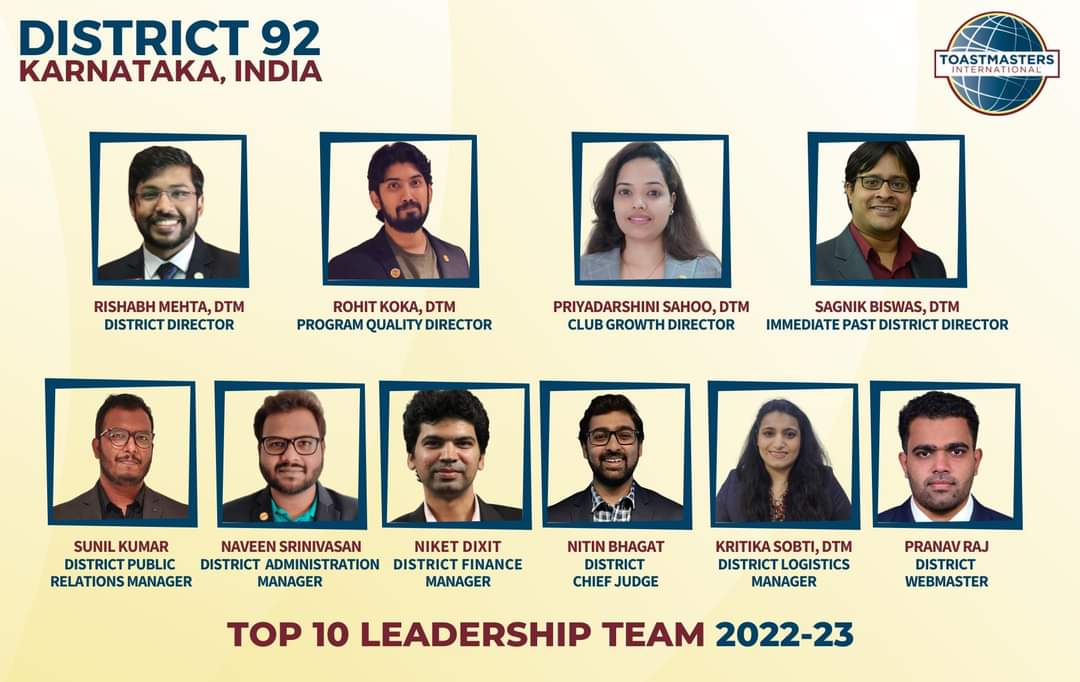 ToastmastersD92's tweet photo. DISTRICT LEADERSHIP TEAM FOR THE PROGRAM YEAR 2022-23

Dear Members of District 92,
Please welcome the Top 10 District Leadership Team for the Program Year 2022-23 for District 92. 

We would look forward to your support to serve the members and clubs of District 92! https://t.co/iEOQrPoQ8d