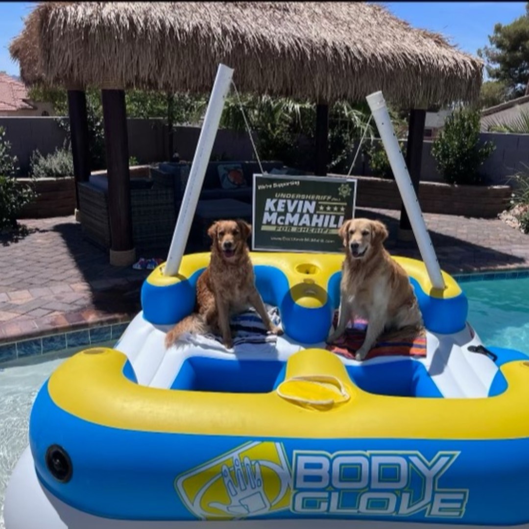 Okay…maybe I spoke too soon. Now we have #dogs in a raft in a pool with a #KevinMcMahill 4️⃣ #Sheriff sign! I think the #McMahillForSheriff 📸 photo challenge is breaking the internet 😂 #Vegas #Summer #ItsHotOutside #Love #Dogs 🐾🐾🐾