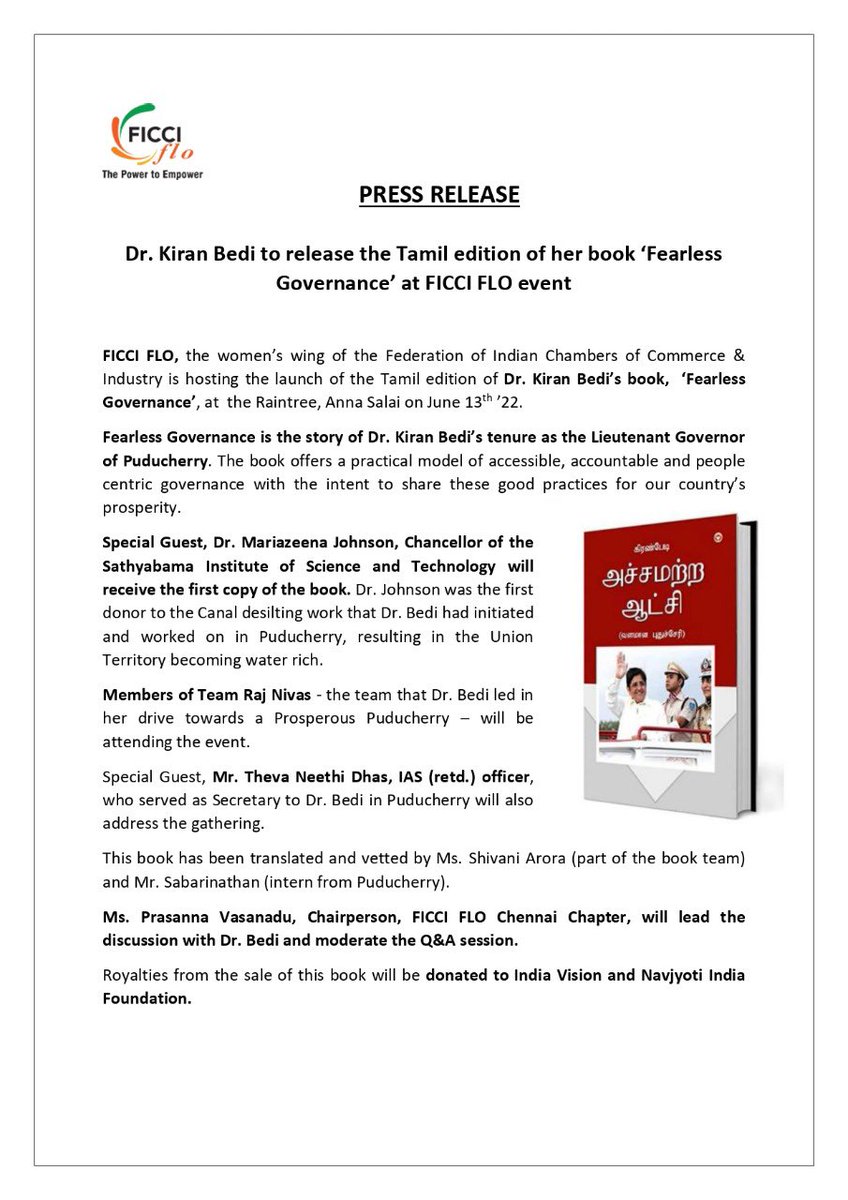 thekiranbedi's tweet photo. For first time since leaving Puducherry today will be accompanied by few key members of Team RajNivas, to address the audience together at 4pm Ficci Flo Chennai event for releasing the Tamil Edition of Fearless Governance.
#Flo #flochennai #powertoempower https://t.co/KtLriXkeBY