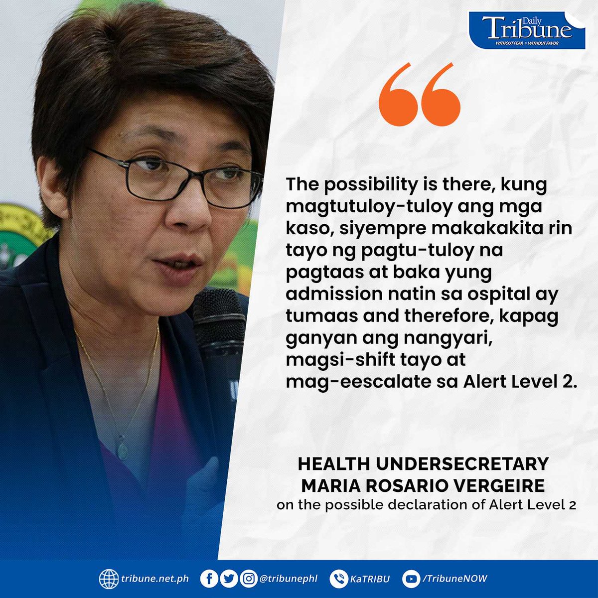 tribunephl's tweet photo. ALERT LEVEL 2 IN MM?
Health Undersecretary Maria Rosario Vergeire says there is a possibility that Alert Level 2 will be implemented in Metro Manila amid an increase in COVID-19 cases.
#COVID19
#alertlevel2
#DailyTribune https://t.co/Fm6wZLVp0S