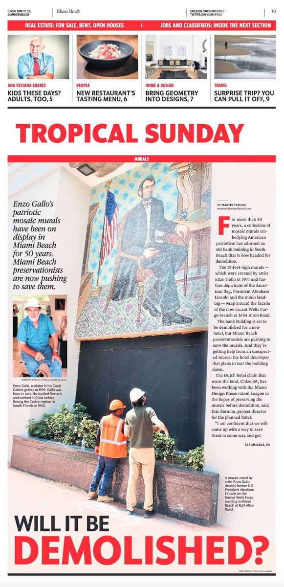 Still love seeing my stories in print. Cool display today in Tropical Sunday on the efforts to preserve 50-year-old Enzo Gallo murals from the old American Savings &amp; Loan bldg in Miami Beach. Will keep following the story. h/t <a href="/MDPL1976/">Miami Design Preservation League</a> <a href="/MiamiHerald/">Miami Herald</a>