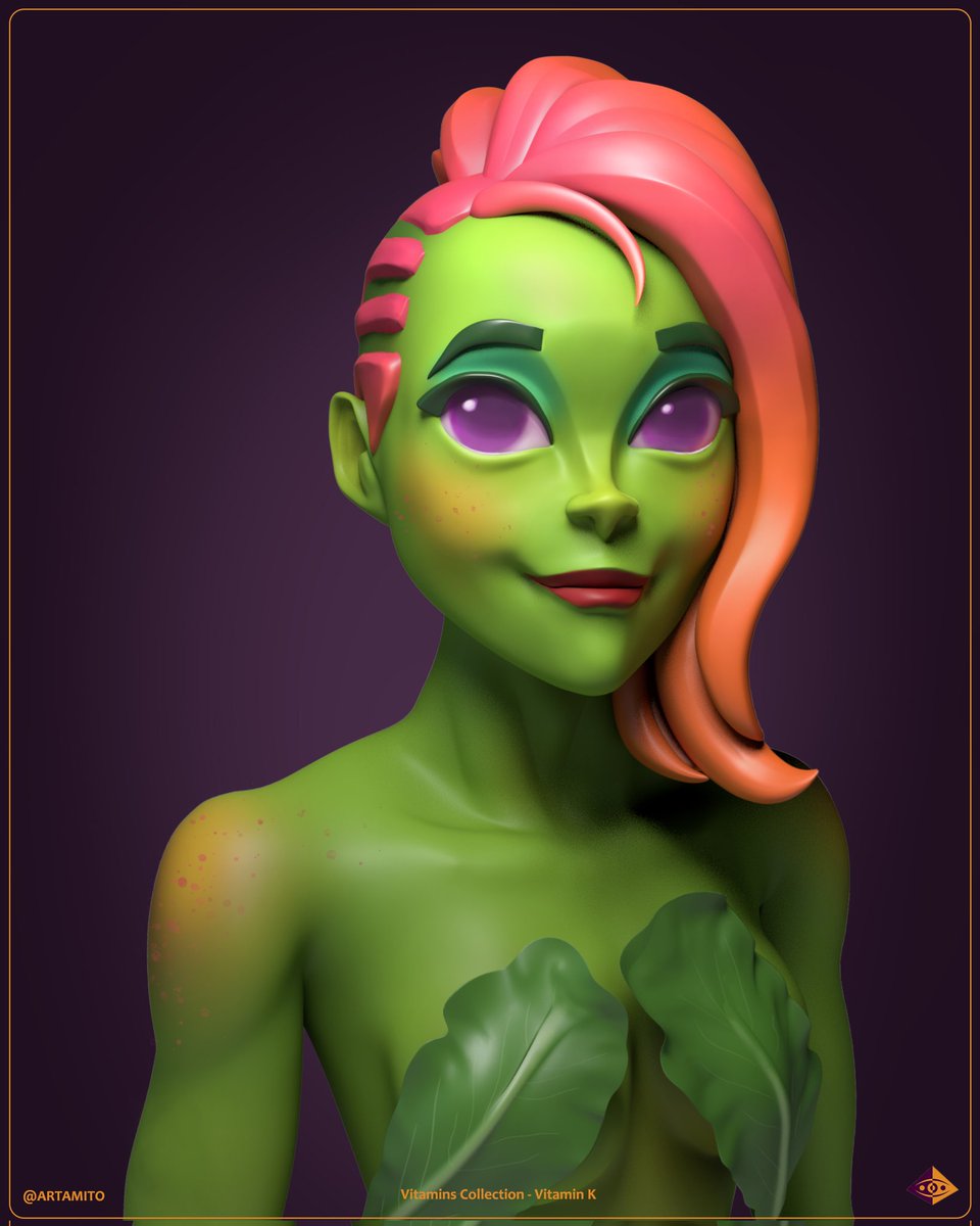 Vitamin K 🥗 another from "Vitamins", a character design collection.
See more here: 
artamito.com/artamito-portf…
.
#artamito #Vitamink #collection #3dart #3D #art #animation  #Trending #3dcharacter #3Dartist #3drender #NFTartist #Blender3d #characterdesign #zbrush