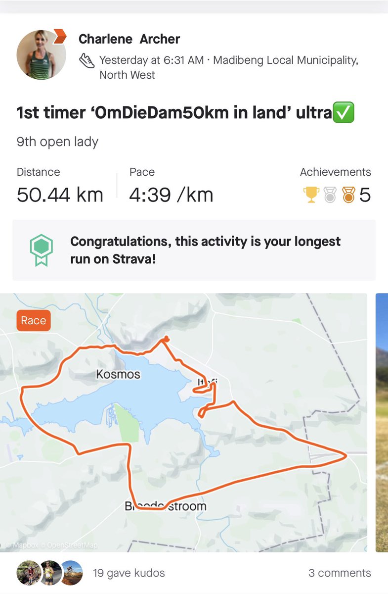 CHAR5487's tweet photo. First OmdieDam Ultra 50km race completed✅                                             @Nedbank_RC @BiogenSA @futurelifeza @ThirstiW @Bavaria_ZA  PS:That last 3km uphill to the finish was unnecessary..no mercy😜🔥 https://t.co/qhGEjvb021