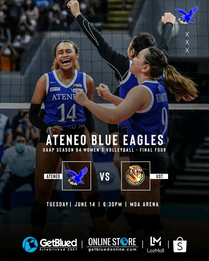 leikajoyc's tweet photo. Here we go!

The Ateneo Blue Eagles face UST in the Final Four of UAAP 84 Women's Volleyball!

June 14 | 6:30PM 

GetBlued will be at the MoA Arena during the games with your favorite Ateneo gear!

#FaithTrustCourage
#OBF

© https://t.co/xxcF0kuKCk
