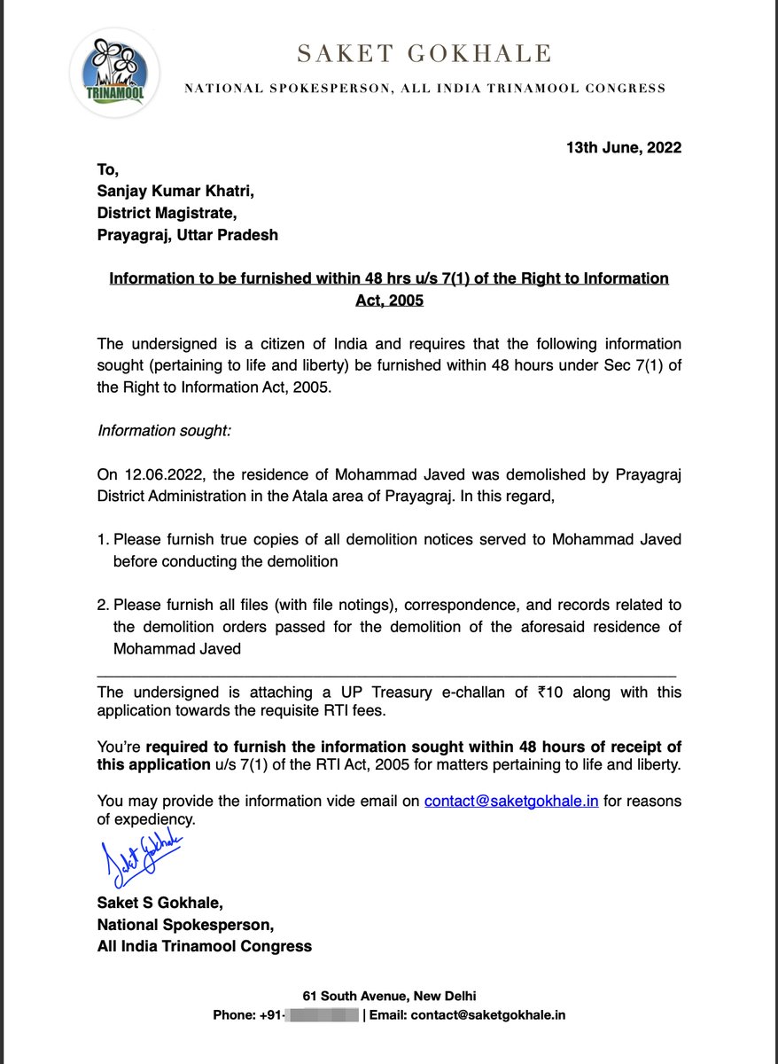 The demolition of <a href="/AfreenFatima136/">Afreen Fatima</a>'s house y'day was carried out with forged back-dated demolition notices &amp; was an entirely illegal act by UP govt.

Have asked DM Prayagraj to furnish all related papers.

If not punished in courts, this will never stop. 

#StandWithAfreenFatima