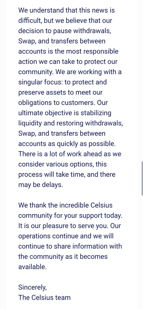 SKiCapInv's tweet photo. If you're holding your crypto in #CelsiusNetwork the your funds are officially frozen. For now.... https://t.co/TXaB8FwEPD