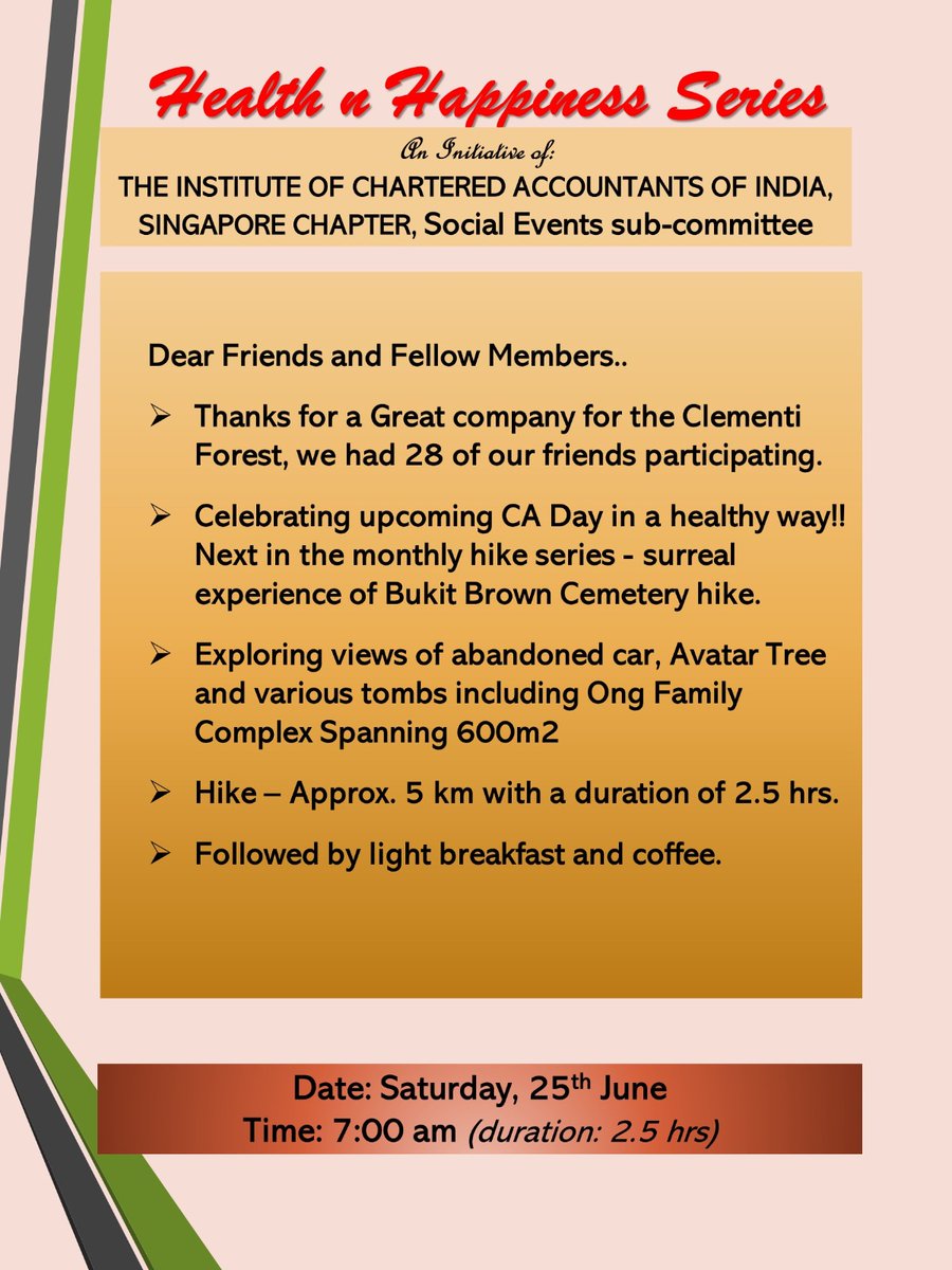 ICAISGChapter's tweet photo. The Social Events Sub-committee of ICAI Sg Chapter is proudly organizing a trek event to celebrate the CA Day!

Come join the team and be part of this Health and Happiness series! https://t.co/cKuoWxu5sr