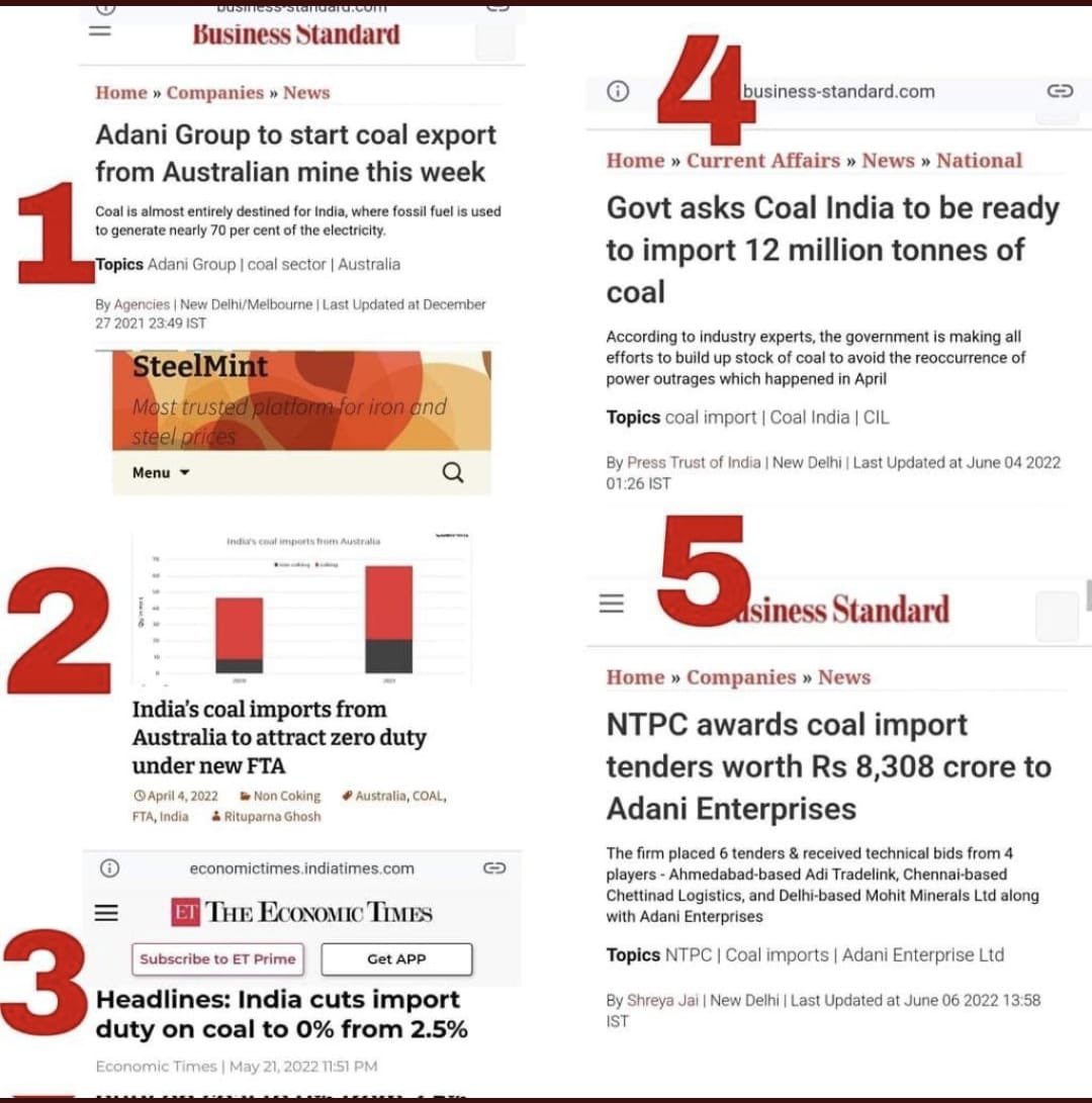 pravchak's tweet photo. India has 5th largest coal reserves
But India will buy coal from Australia

Why?

Dec’21: Adani sets up coal exports in Aus
Apr’22: Modi govt announces zero duty for Aus coal
Jun’22: NTPC awards coal contract to Adani

ED’s investigation/summons are reqd here, not in non-issues
. https://t.co/p9ZUjKgbez