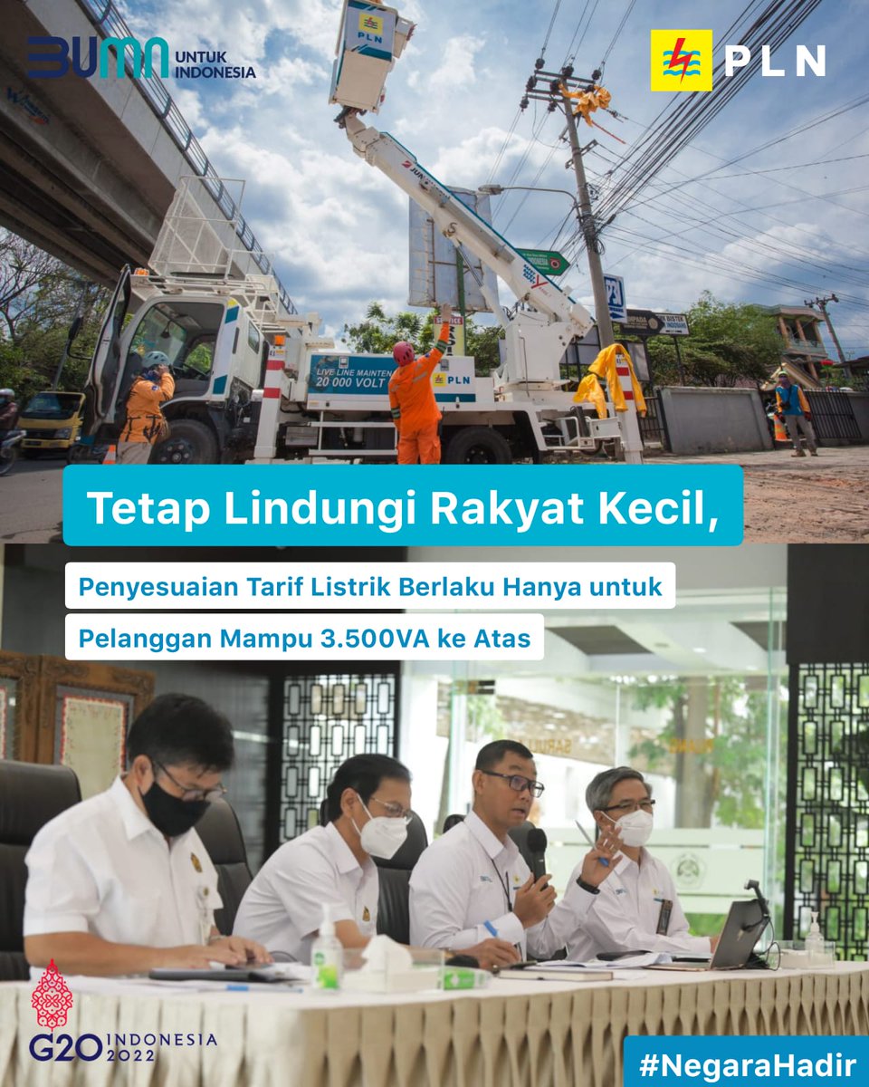 _pln_id's tweet photo. Electrizen, Pemerintah berkomitmen tetap melindungi rakyat kecil dengan memberlakukan Penyesuaian Tarif Listrik pada triwulan III tahun 2022 hanya untuk pelanggan rumah tangga mampu golongan 3.500 Volt Ampere (VA) ke atas (R2 dan R3) dan golongan pemerintah (P1, P2 dan P3). https://t.co/IWOnjvrSYa