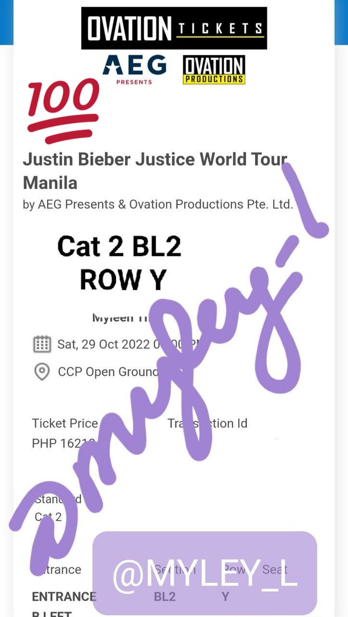 Myley_L's tweet photo. Still selling my: Cat2 BL2 ROW Y seat! 
E-TICKET via Sistic
SRP only. (MOP: Dm me)
RFS: Upgraded seat ☺️💜
Dm me for more info!
Thank you 😊
#JusticeTourPH https://t.co/FTCX1tC7J0